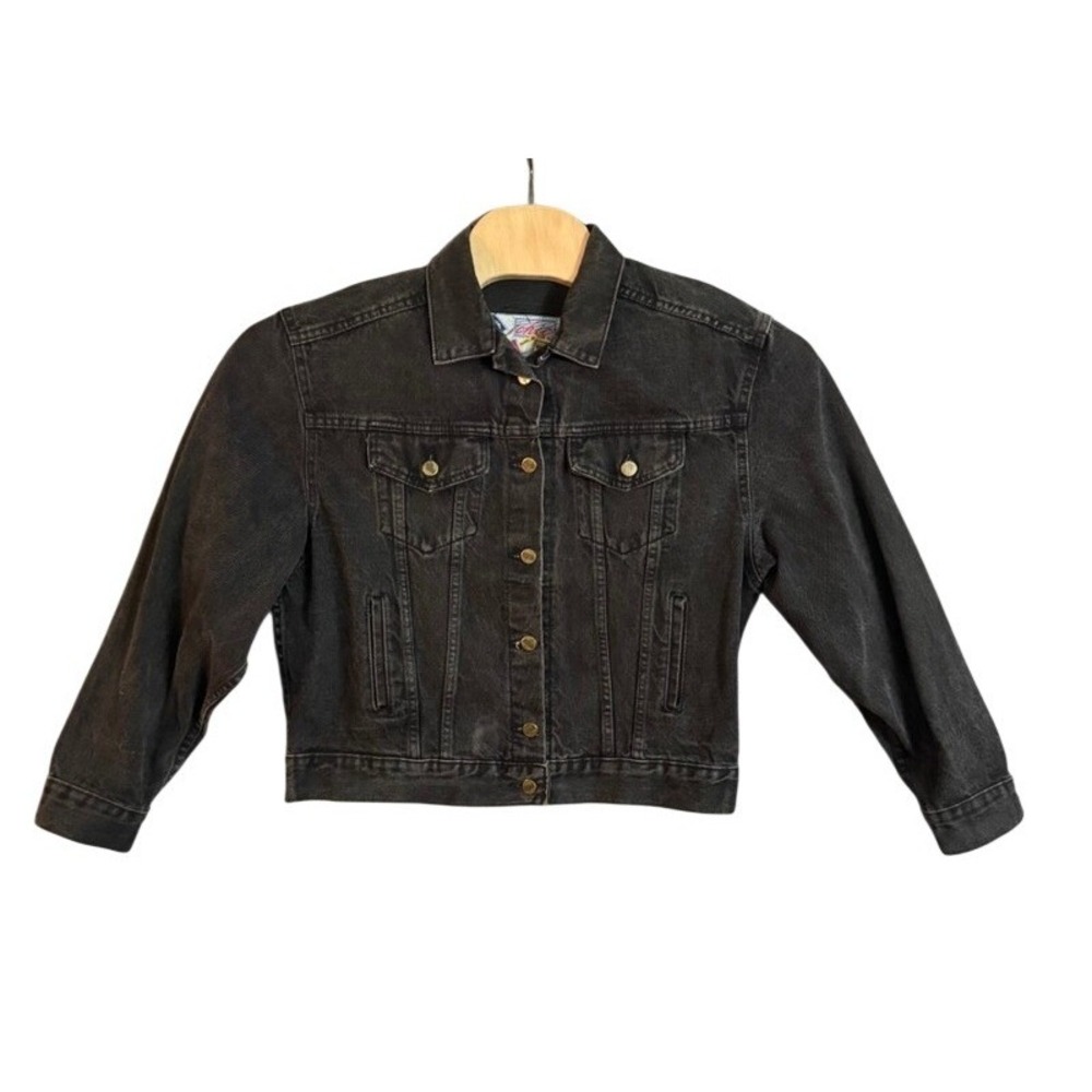 Vintage Chic Black Denim Jacket Made in USA Womens Medium Cropped Trucker Coat